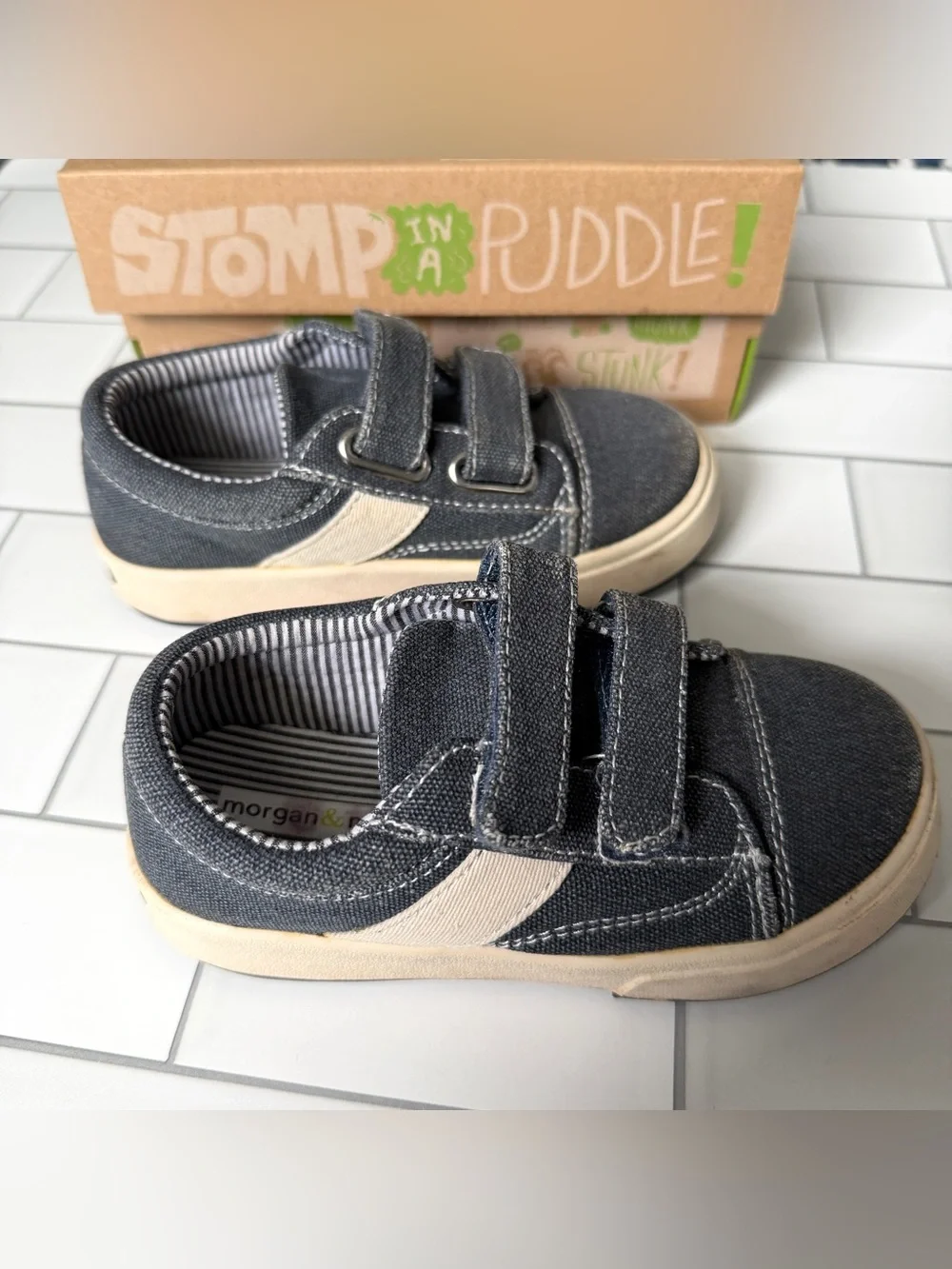 9💙 Morgan & Milo Toddler Boy Miles Double V Shoe Navy Blue Denim Velcro Sneakers